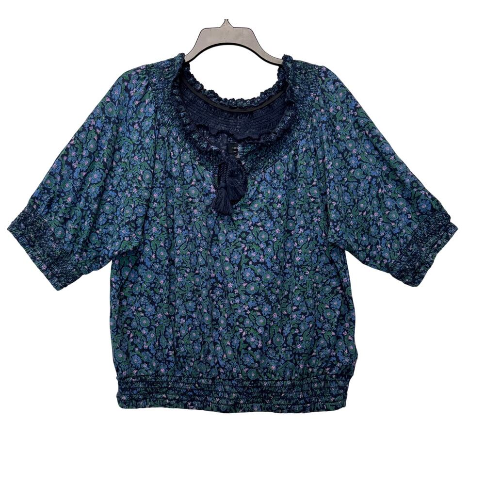 LUCKY BRAND Cotton Stretch Peasant Top Women's Size L Blue Green Ditsy Floral